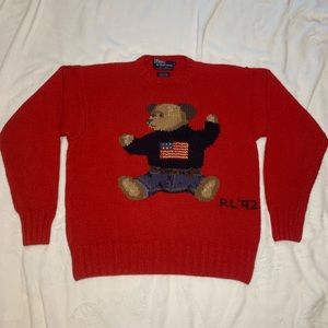 Rare Polo RL 92 Sit Down Bear Red Knit Sweater